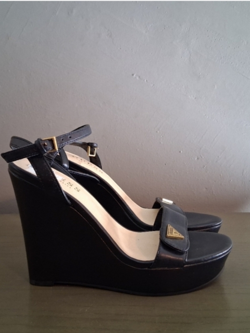 Black Wedge Sandals Size 6 Ankle Strap Platform Heels Gold Logo Detail